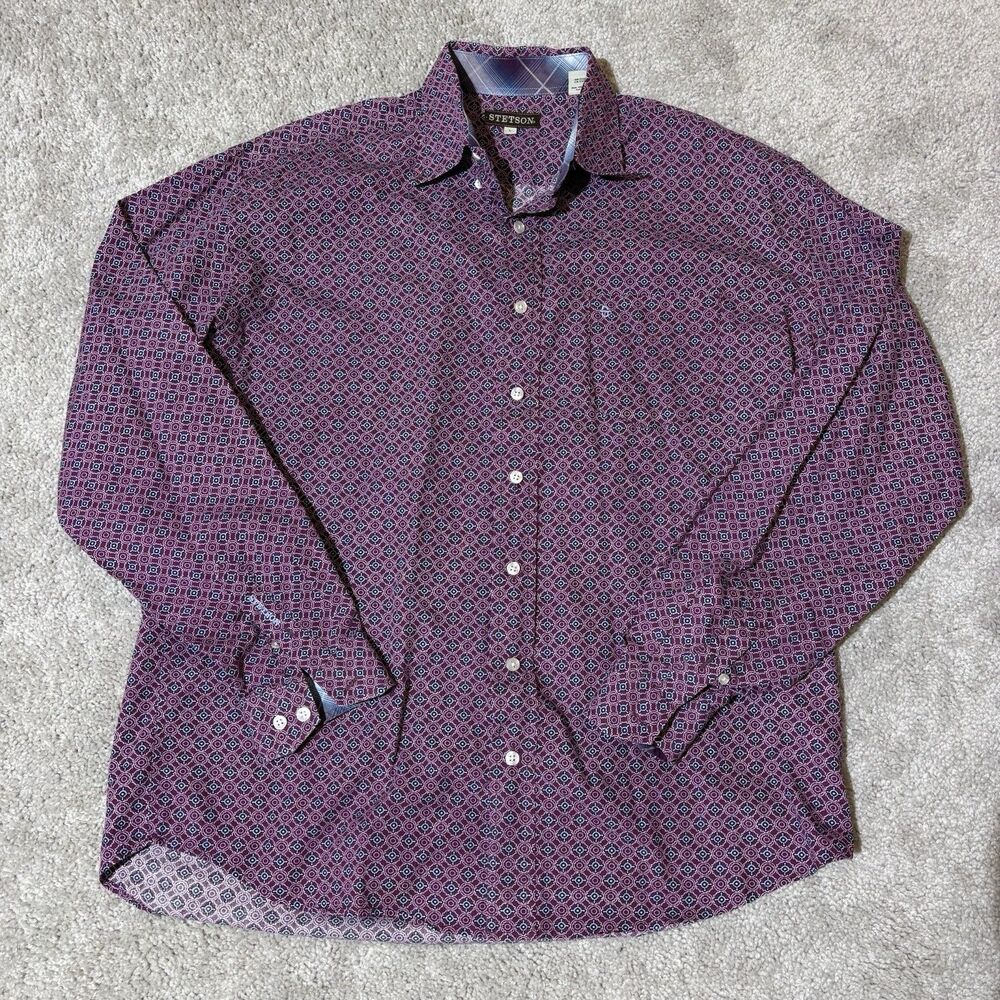Stetson (Mens Large) Geometric Western Pearl Snap Shirt Cowboy Rodeo Long Sleeve